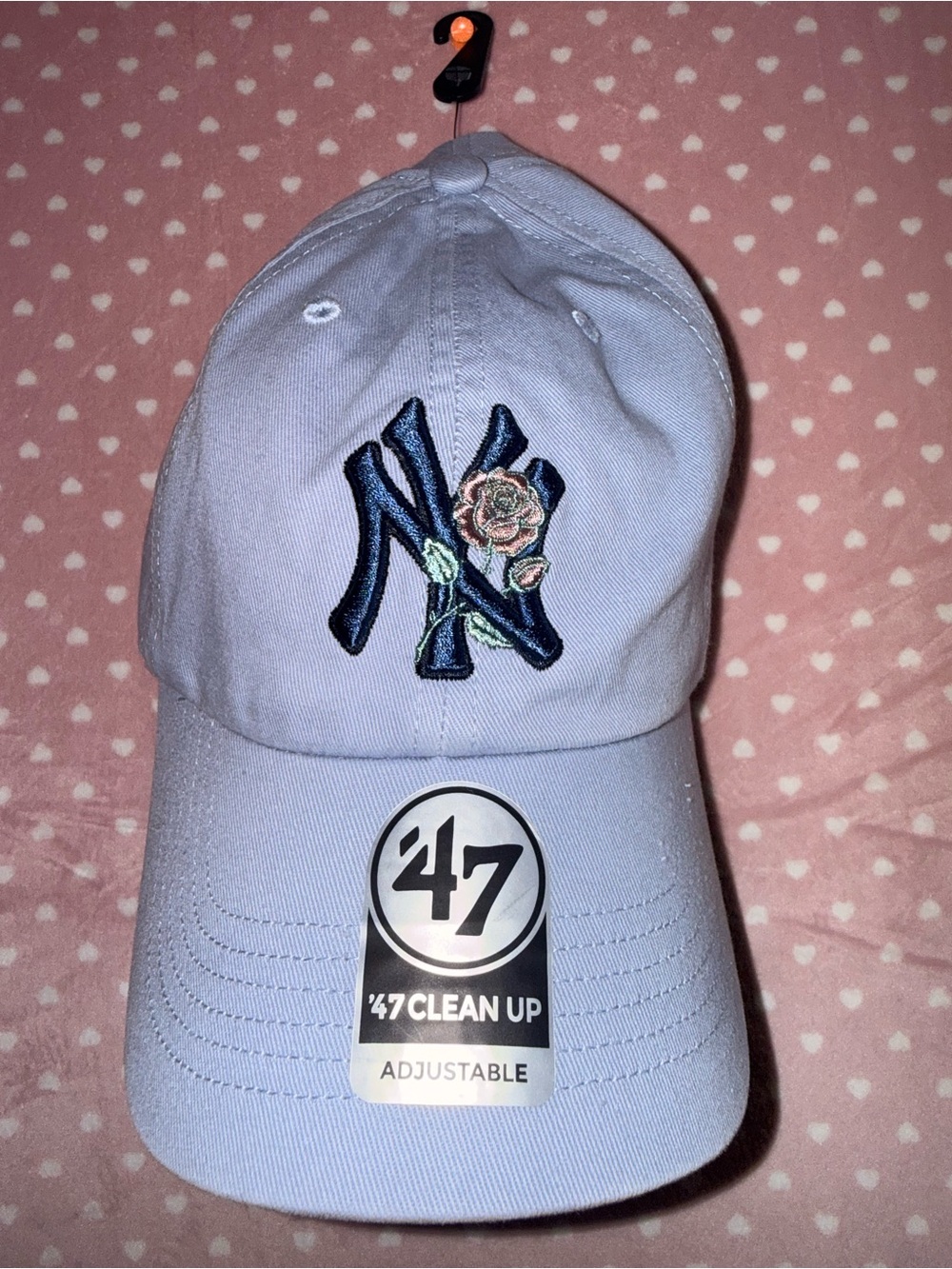 Anthropologie Light Blue Baseball Cap with Navy Floral NY Embroidery